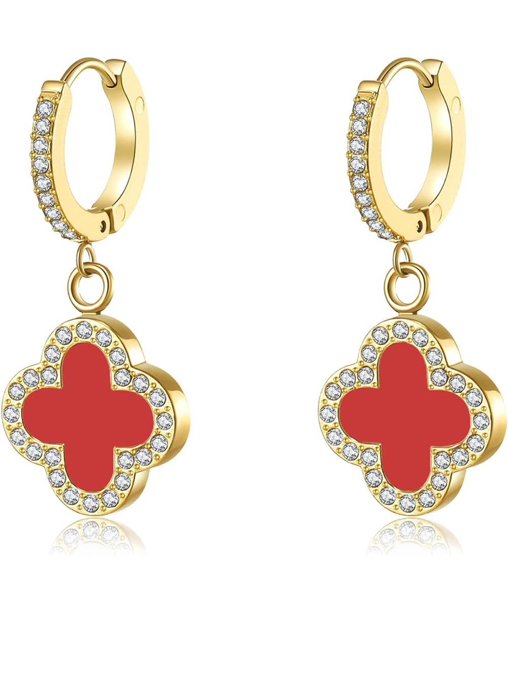 18k Gold Plated Red Clover Four Leaf Drop Hoop Earrings